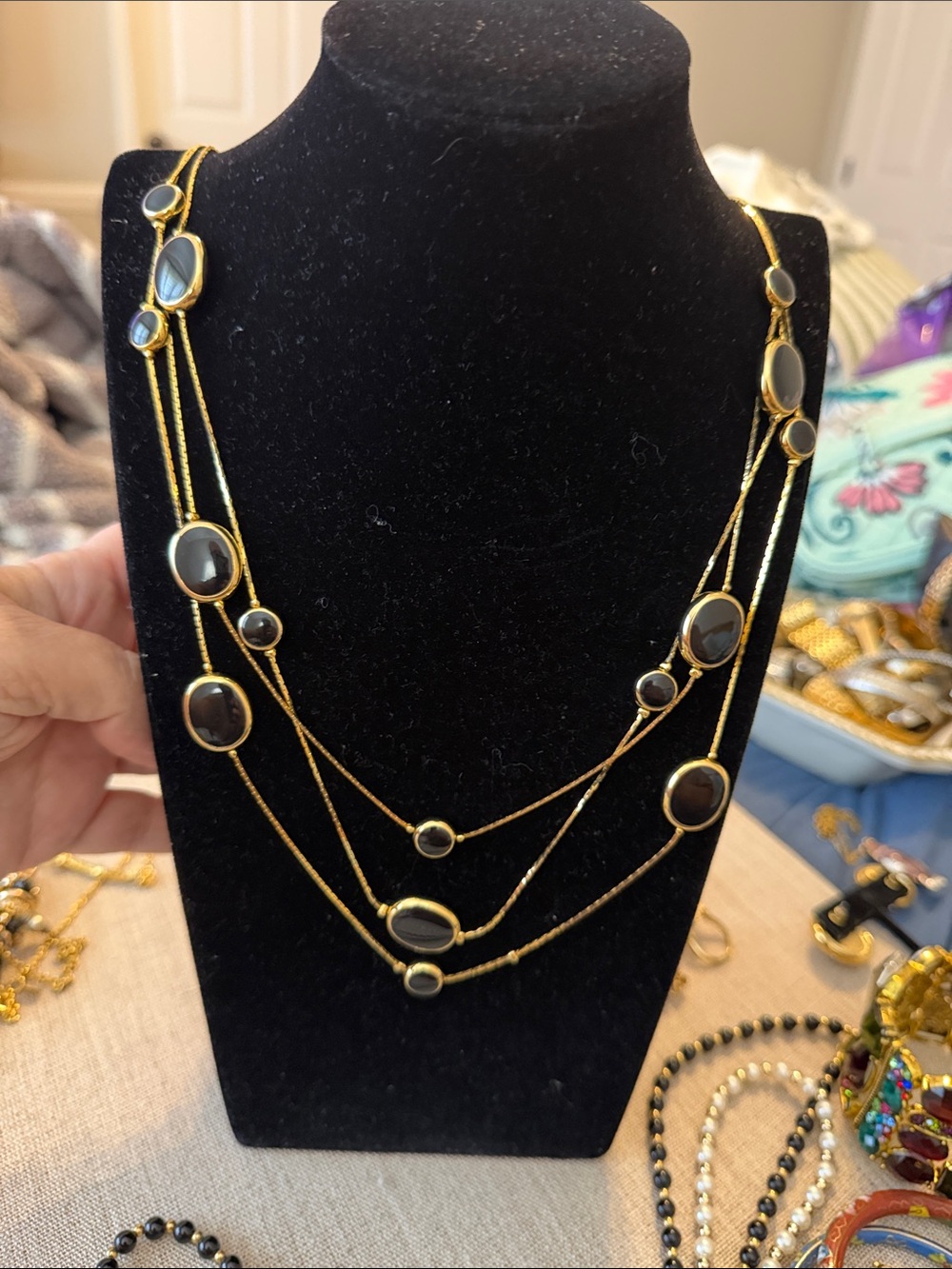 Avon Gold-Tone Multi-Strand Necklace with Black Cabochons